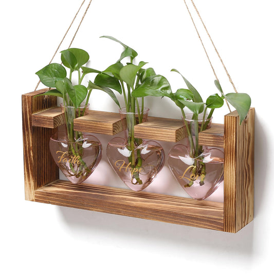 Plant Terrarium Propagation Stations Faith Hope Love Hydroponics Home Garden Decoration Gift for Women with Wooden Stand Heart Shaped Colored Glass Vase