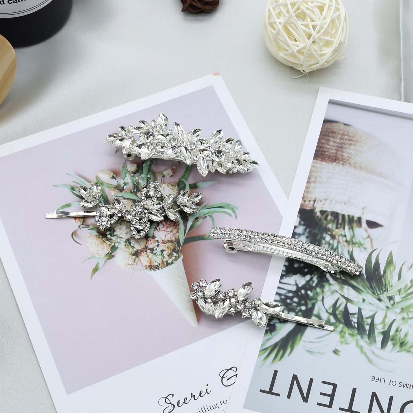 Mulzile 4 Pieces Rhinestone Hair Clips Leaf Wedding Hair Pins Crystal Bobby Pins Silver Bridal Hairpin Barrette for Brides Bridesmaids Flower Girls