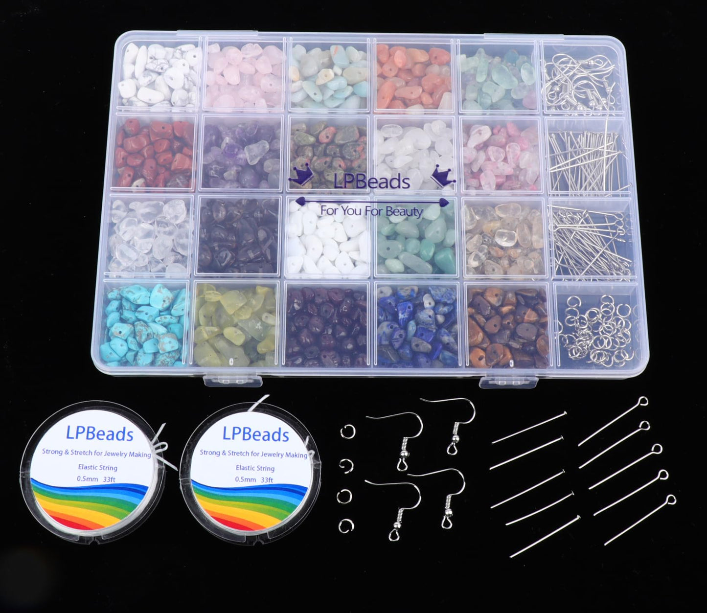 LPBeads Jewelry Making Kit 1200 PCS Natural Crystal Beads in 20 Colors Gemstone, Jump Rings, Earring Hooks, Pins, Elastic Bracelet String for Women and Adults