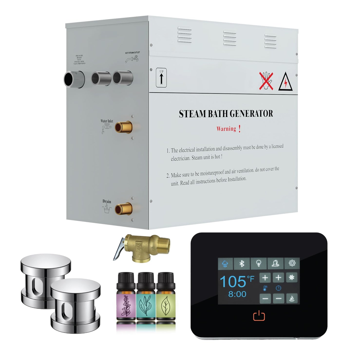 SaunaSpa Builders Series 12kW Steam Bath Generator with Quickstart Continuous Steam, Black Digital Touch Pad, Built-in Auto-Drain, and Aroma Steamhead in Polished Chrome