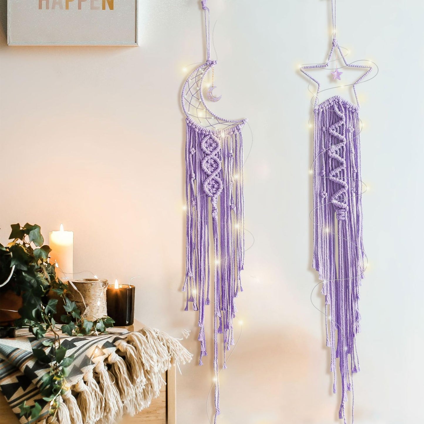 Moon Star Dream Catcher Decor,2pcs Boho Home Moon Star Dreamcatcher,Macrame Wall Hanging Boho Home Decor for Kids Baby Bedroom Decoration for Women Girls Craft Holiday Gifts Purple