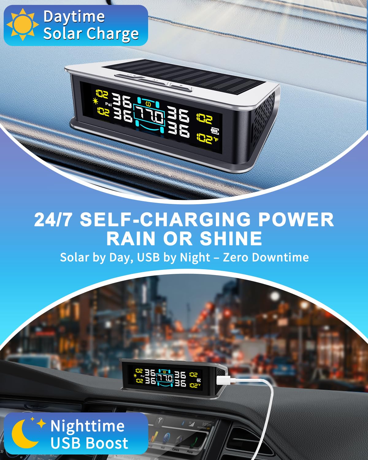 RV Tire Pressure Monitoring System (TPMS) - TPMS sensors set of 4 & 6 Alarm Modes | Solar/USB Charger | LCD Display | for RV/Truck/SUV/MPV/Sedan | TPMS Kit