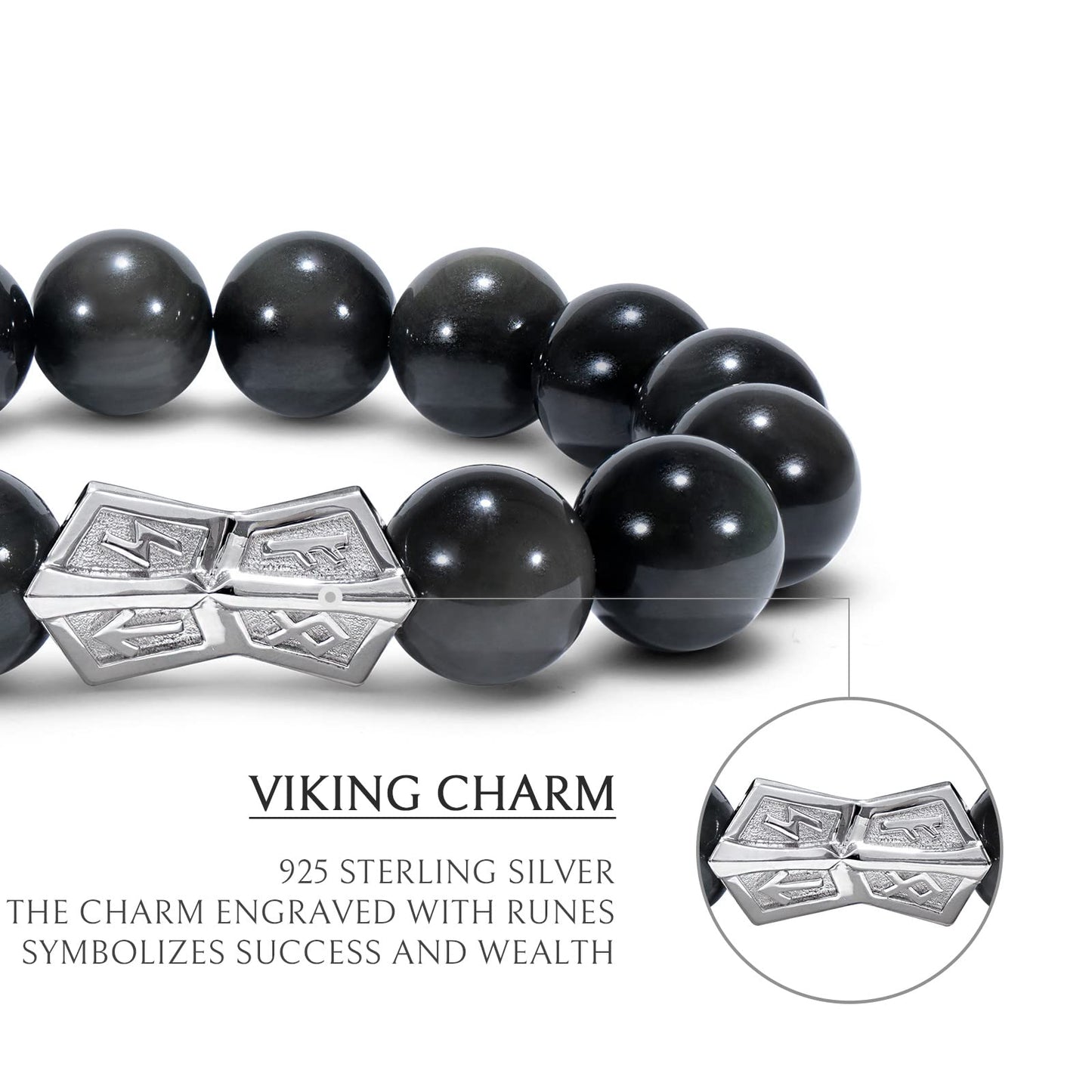 AWNL® Men's Beaded Bracelet with Sterling Silver Engraved Runes Charm 12mm Obsidian Natural Gemstone Gift for Men, 6.5''-7.1''