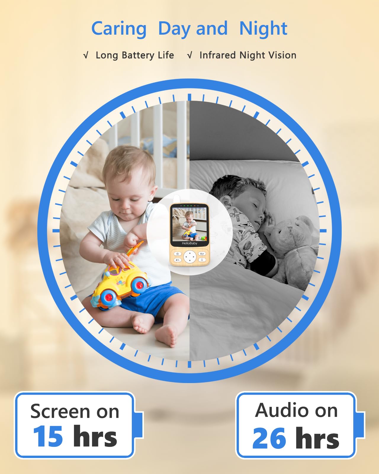 HelloBaby 4" IPS Video Baby Monitor with Camera - No WiFi, 26Hrs Battery, Night Vision, 2-Way Audio, Remote PTZ & Temp Sensor, 1000ft Range for Cribs/Nursery/Pets/Travel