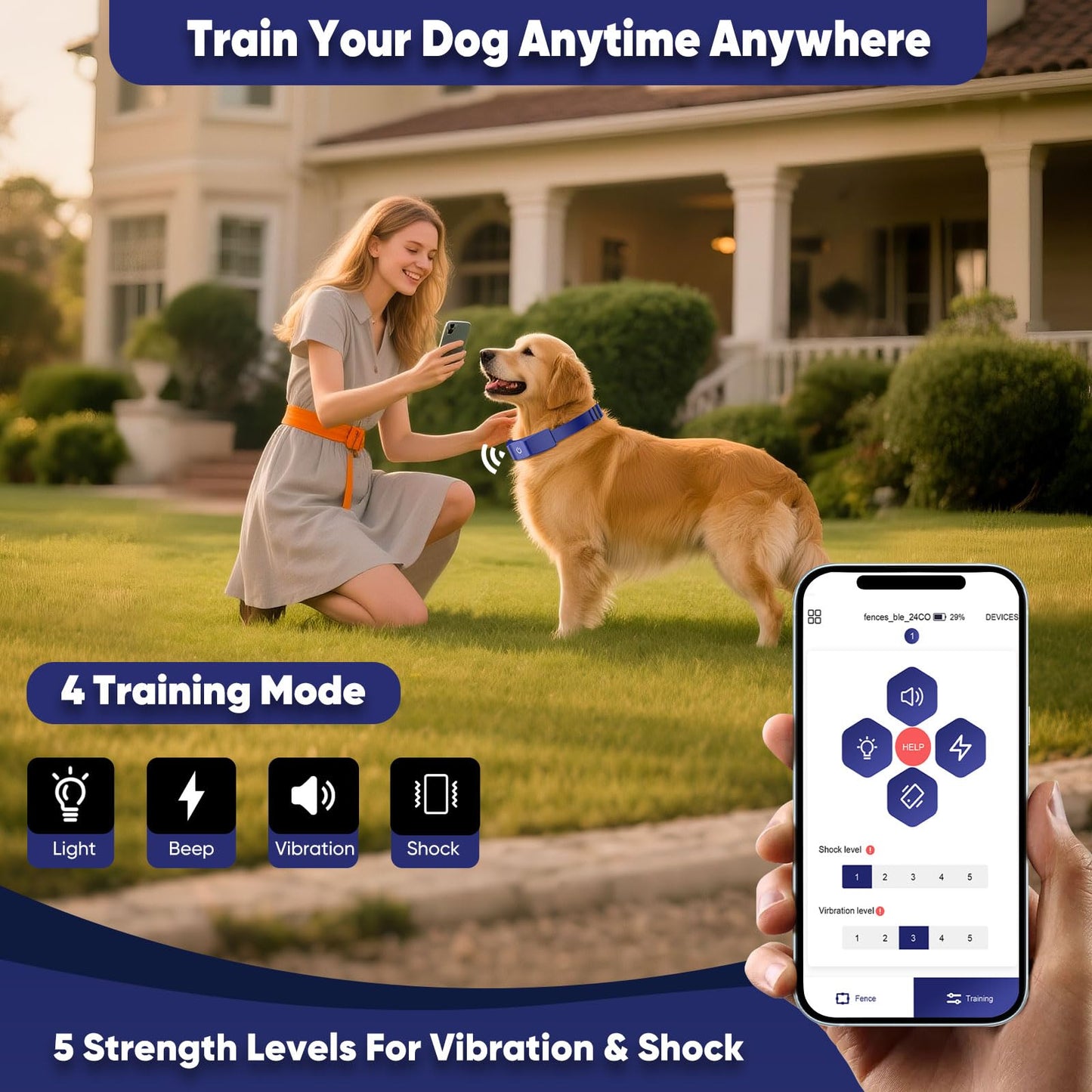GPS Electric Dog Fence with Free App, Wireless Fence System with Training Collar, Adjustable of Dogs Portable Fence for Outdoor Use, Rechargeable Waterproof Flexiable Collar, (Blue)