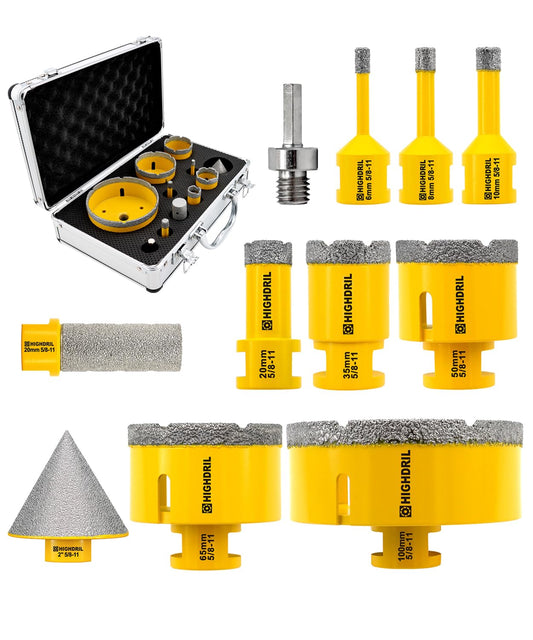 HIGHDRIL Diamond Drill Bits Kit with 5/8-11 for Porcelain Tile Ceramic Marble Brick Concrete Vacuum Brazed Hole Saw(6/8/10/20/35/50/65/100mm+50mm Chamfer Bit+20mm Finger Bit+Adapter)