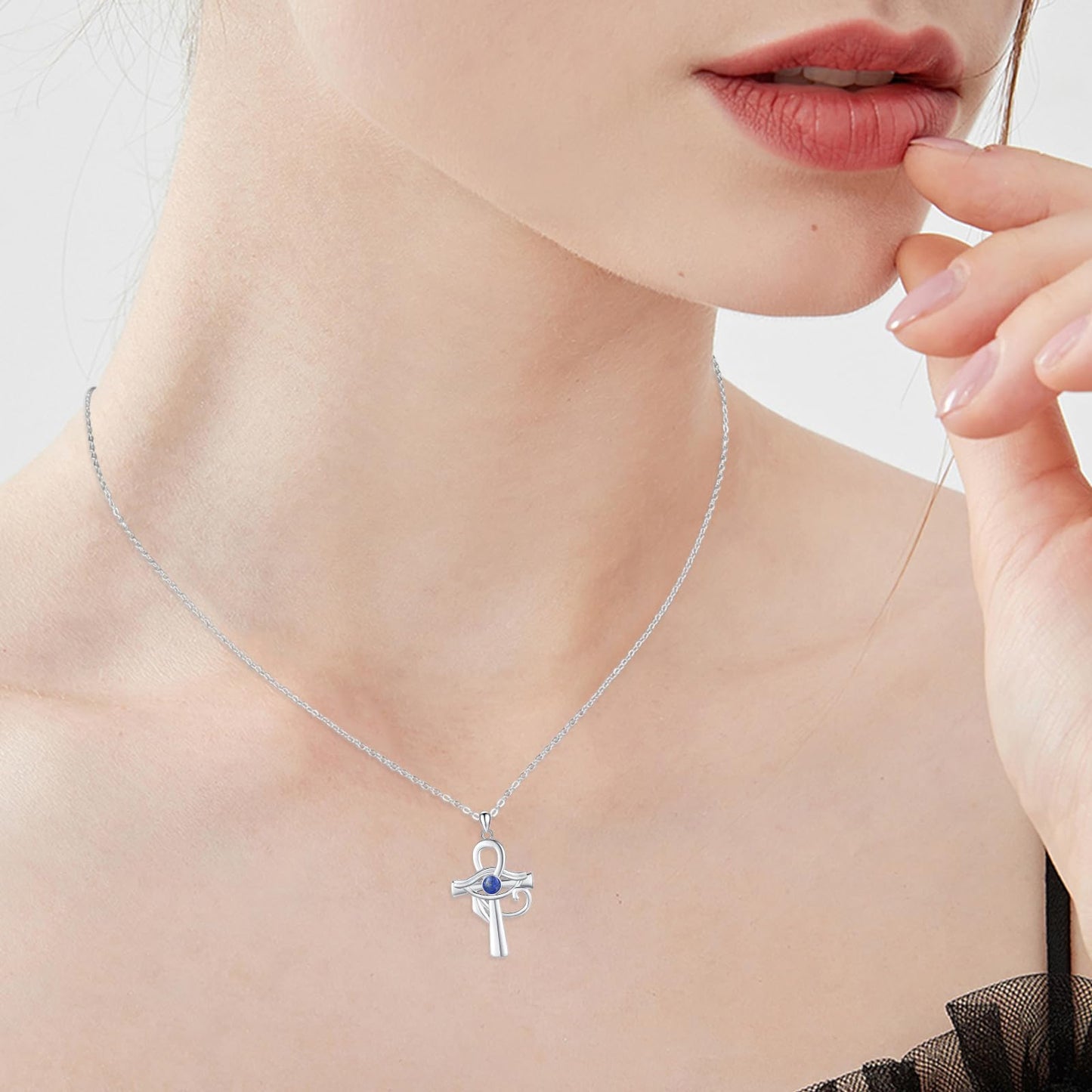MOPOPOK Eye of Horus Necklace S925 Sterling Silver Ankh Cross Necklace with Lapis Lazuli Egyptian Eye of Horus Protection Cross Jewelry Gifts for Women Birthday Christmas