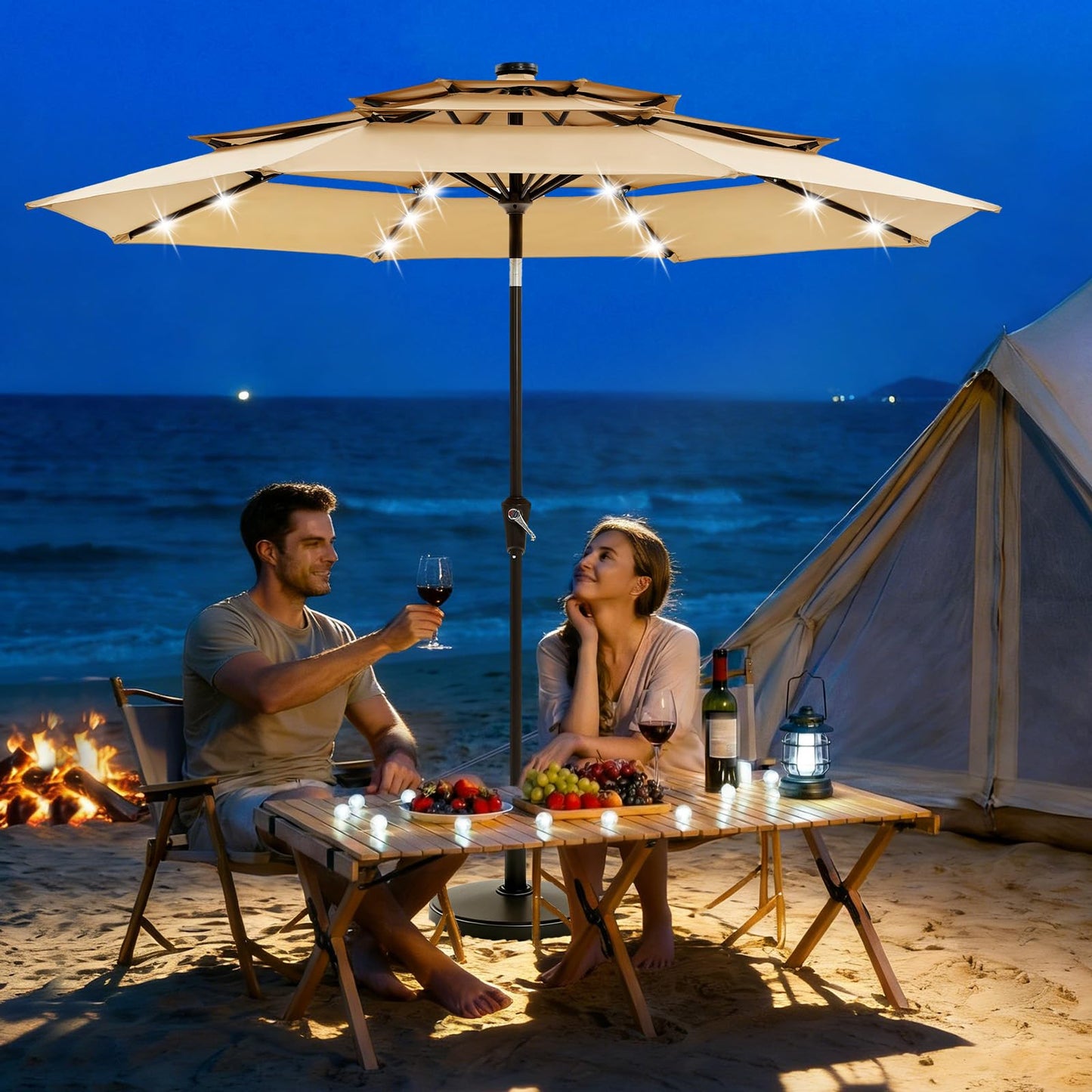 Garvee 9ft Patio Umbrella with Solar Lights, 3-Tier Patio Table Umbrella Outdoor with LED Lights, Ventilation, Easy Crank & Tilt, 8 Sturdy Ribs, UV Protection, Large Patio Umbrella for Deck, Pool