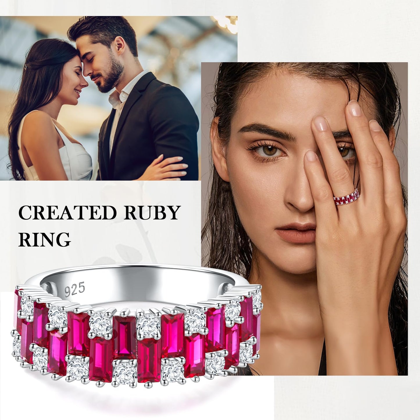 RANDES Ruby Wedding Bands for Her 925 Sterling Silver Emerald Cut Created Red Stone Eternity Band Rings for Women Size 8