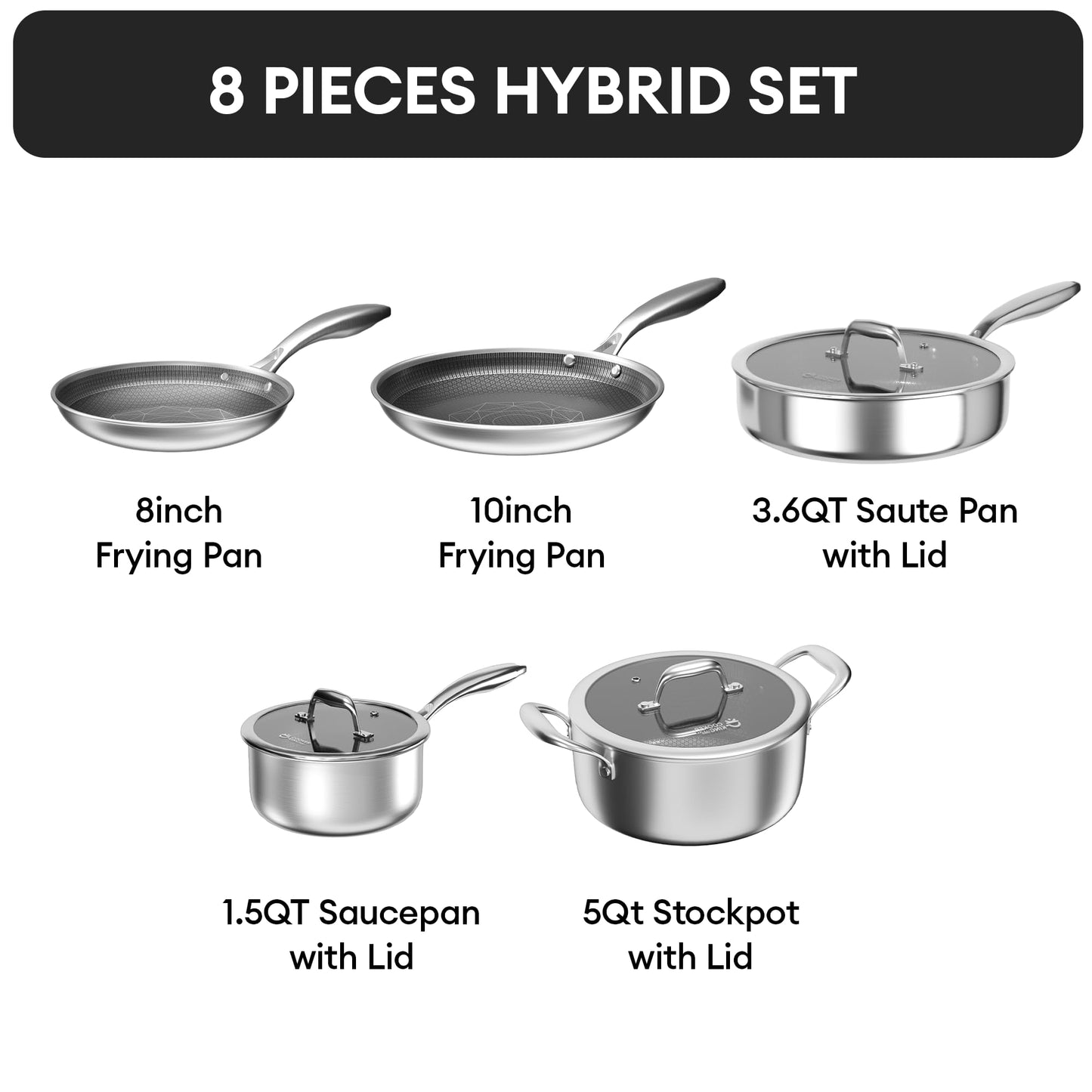 COOKER KING Stainless Steel Cookware Set, Pots and Pans Set with Lids, Frying Pans, Saucepan, Saute Pan & Stock Pot, Non Stick, Non Toxic, Induction, Oven, Dishwasher Safe, PFOA Free