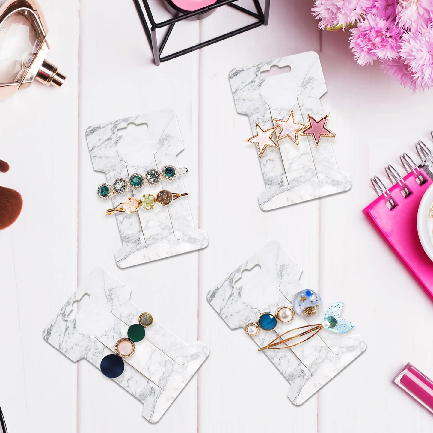 Mototo 200 PCS Hair Clip Bow Display Cards Hair Barrettes Jewelry Display Holder Rectangle Paper Cardboard for Hair Accessories Display and Organizing, 4 x 2-1/2 Inches (Marble Stripe)