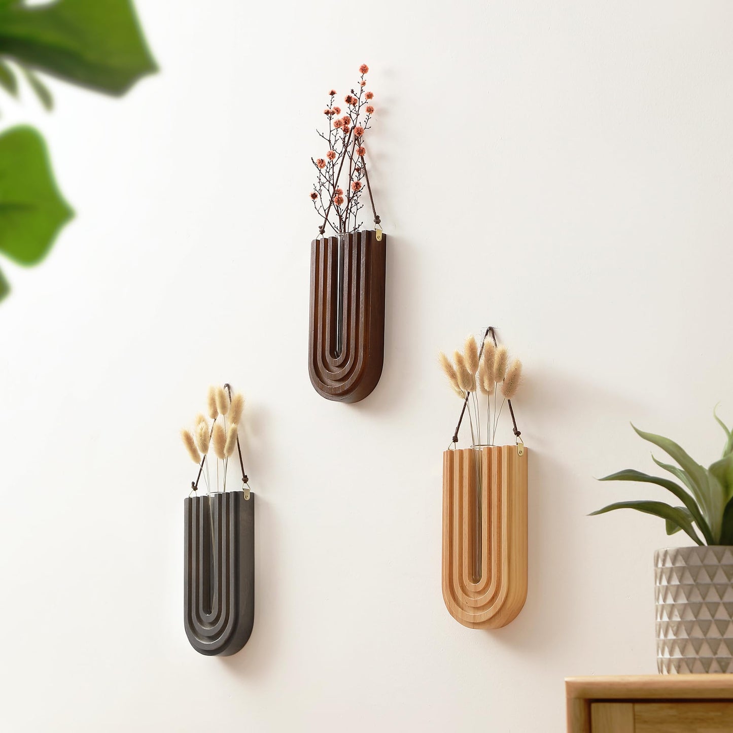 GRID FORTE Wood Wall Planter Indoor, Propagation Station, Wooden Hanging Vase for Dried Flowers, Plant Holder, Boho Wall Décor for Living Room Rainbow U Shape (Set of 3)