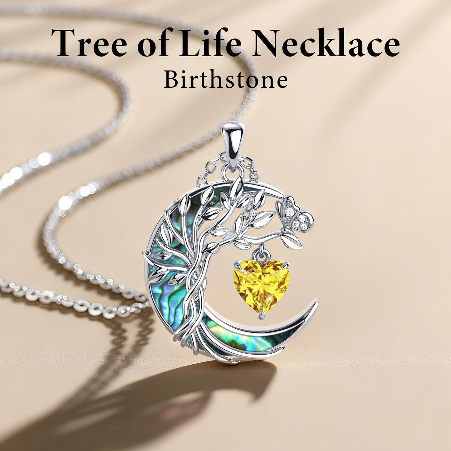 Distance Tree of Life Birthstone Necklace for Women, S925 Sterling Silver Premium Abalone Shell Moon Pendant November Heart Birthstone Necklace, Citrine Jewelry Christmas Birthday Gifts for Her Wife