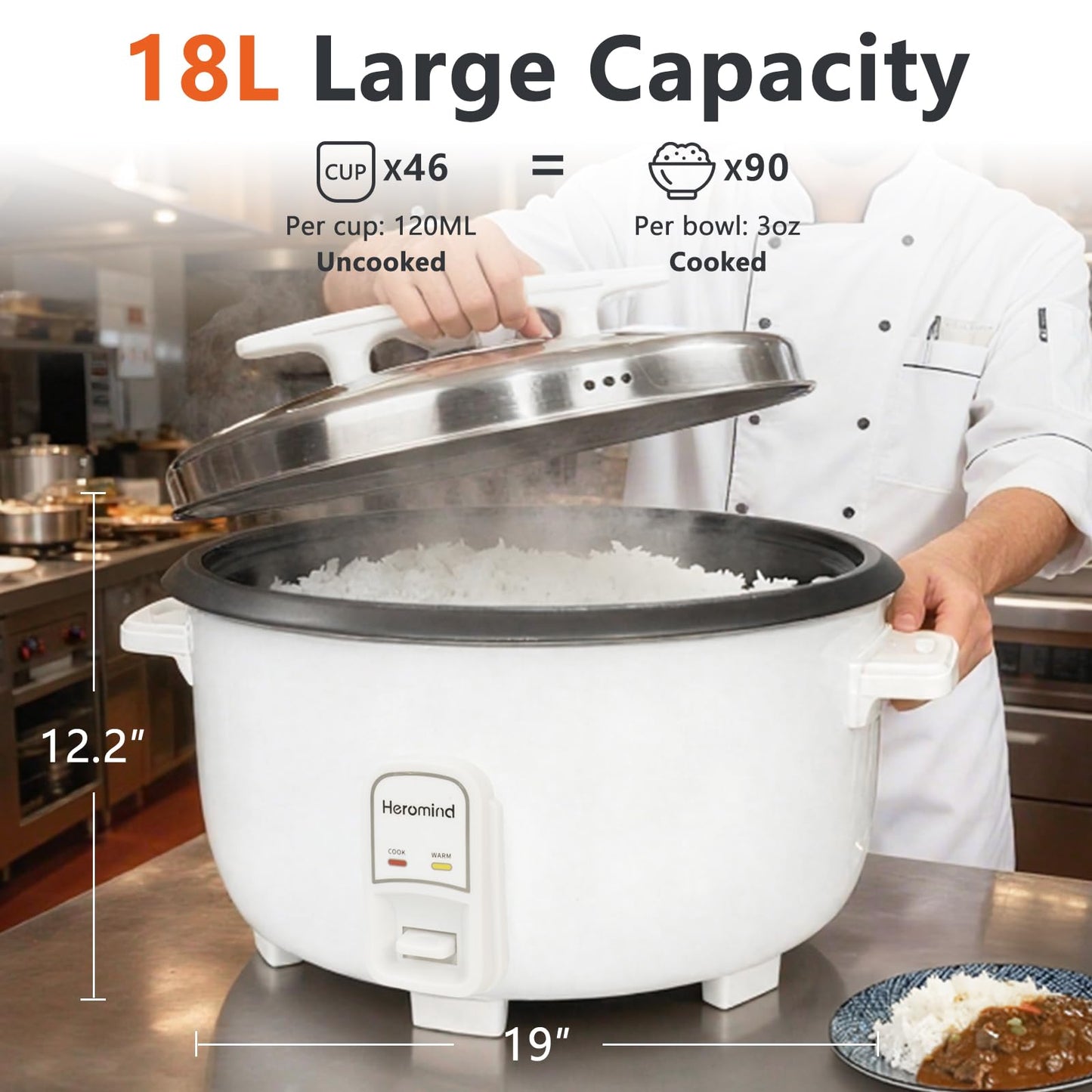 Heromind Commercial Rice Cooker, 90-Cup Rice Cooker, 16Qt / 18 L Large Rice Cooker with Nonstick Inner Pot, Fast Cooking and Auto Keep Warm, with Rice Cup and Paddle, Easy to Clean, 1950W