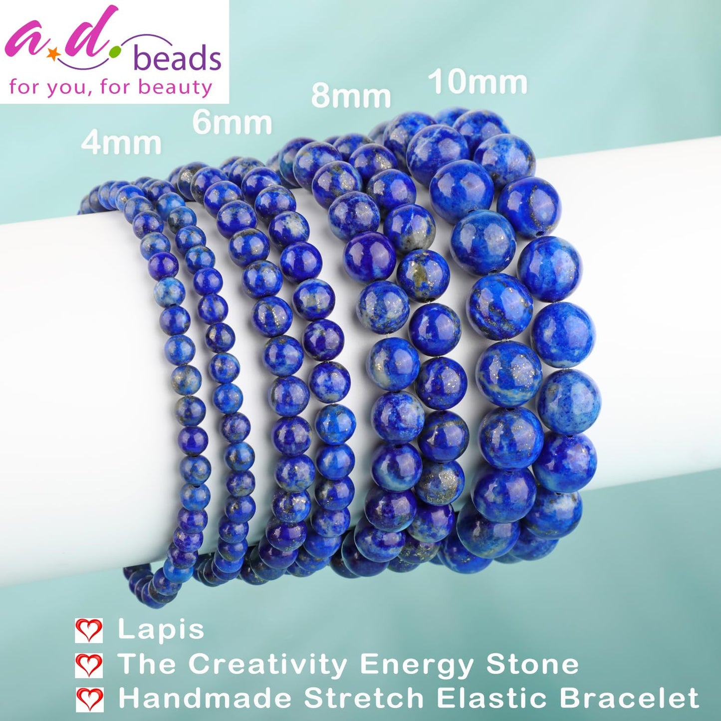 AD Beads 4mm Handmade Lapis Elastic Bracelet – Natural Gemstone for Profession Success – Meditation, Yoga, Healing and Energy Gift for Men Women