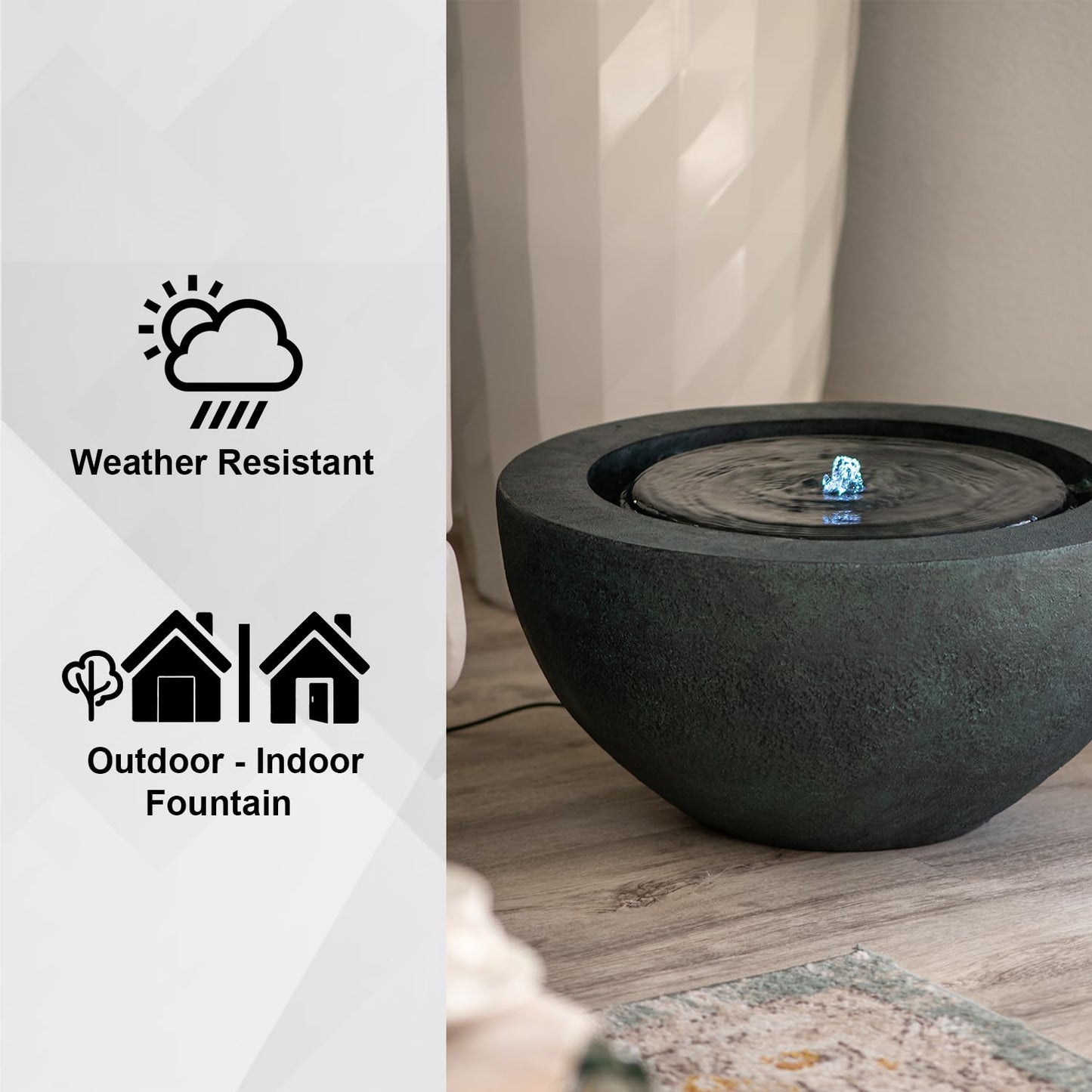 XBrand 19.8" W Round Sphere Water Fountain Indoor Outdoor with LED Light, Polyresin Bubbler Feature for Patio Garden Yard Home Décor, Dark Green
