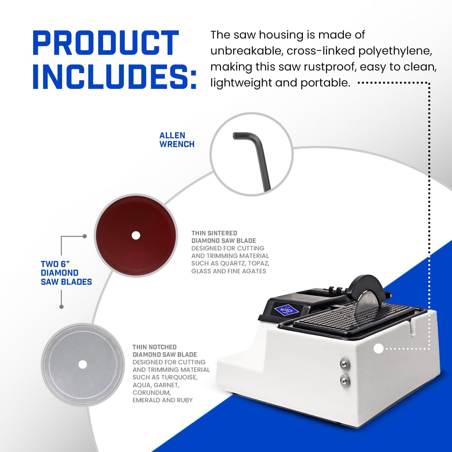 Hi-Tech Diamond - 6" Lapidary Saw - Lapidary Equipment Rock, Stone, Glass Cutting, Trimming, Sawing Machine - Stone Cutter Trim Saw and More - Includes TWO 6" Diamond Rock Cutting Blades