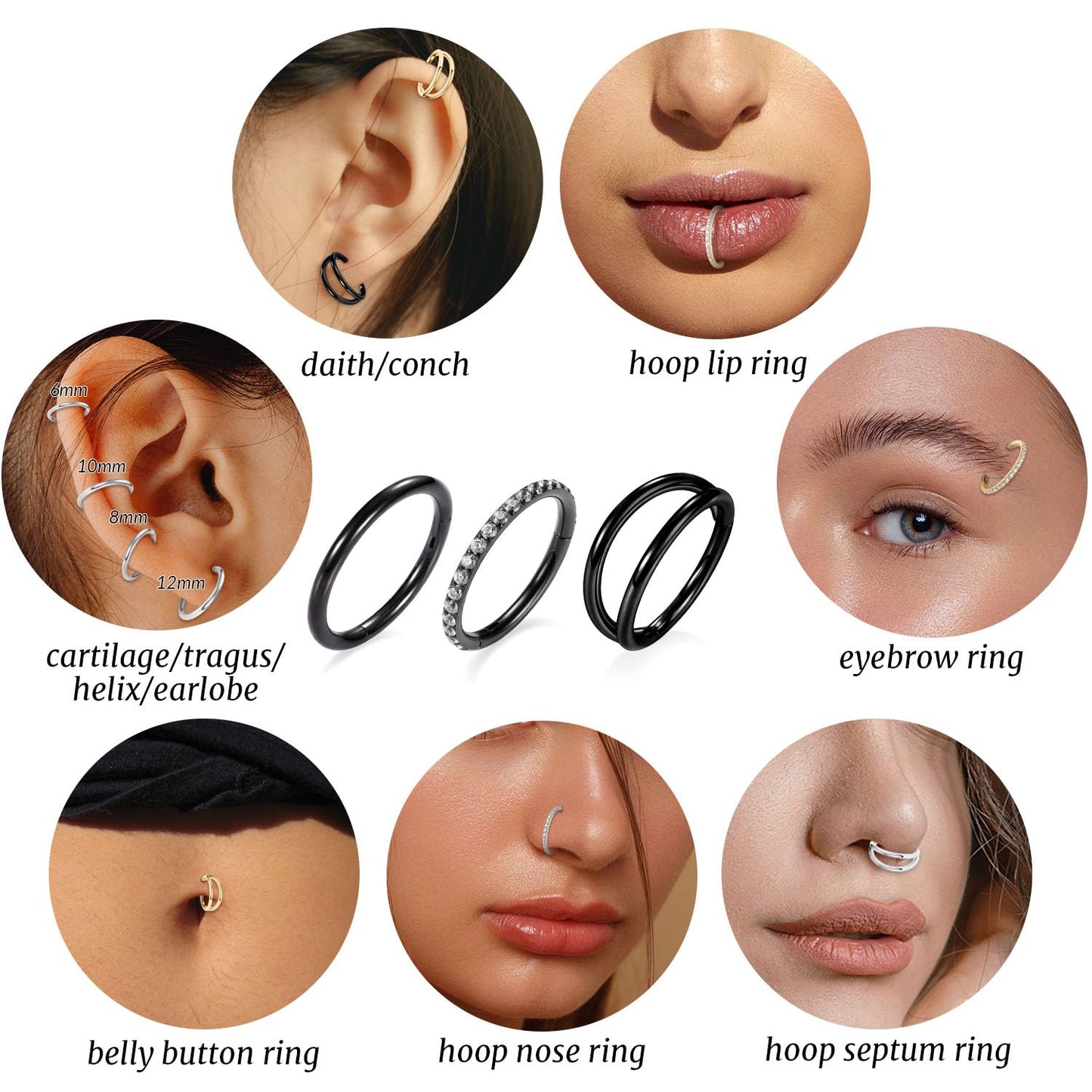 GAGABODY Conch Piercing Jewelry Nose Ring Hoop Earrings 18g Nose Hoop Black 8mm Septum Jewelry Surgical Steel Septum Ring with CZ Septum Clicker Lip Rings Helix Earring Double Hoop Cartilage Earring