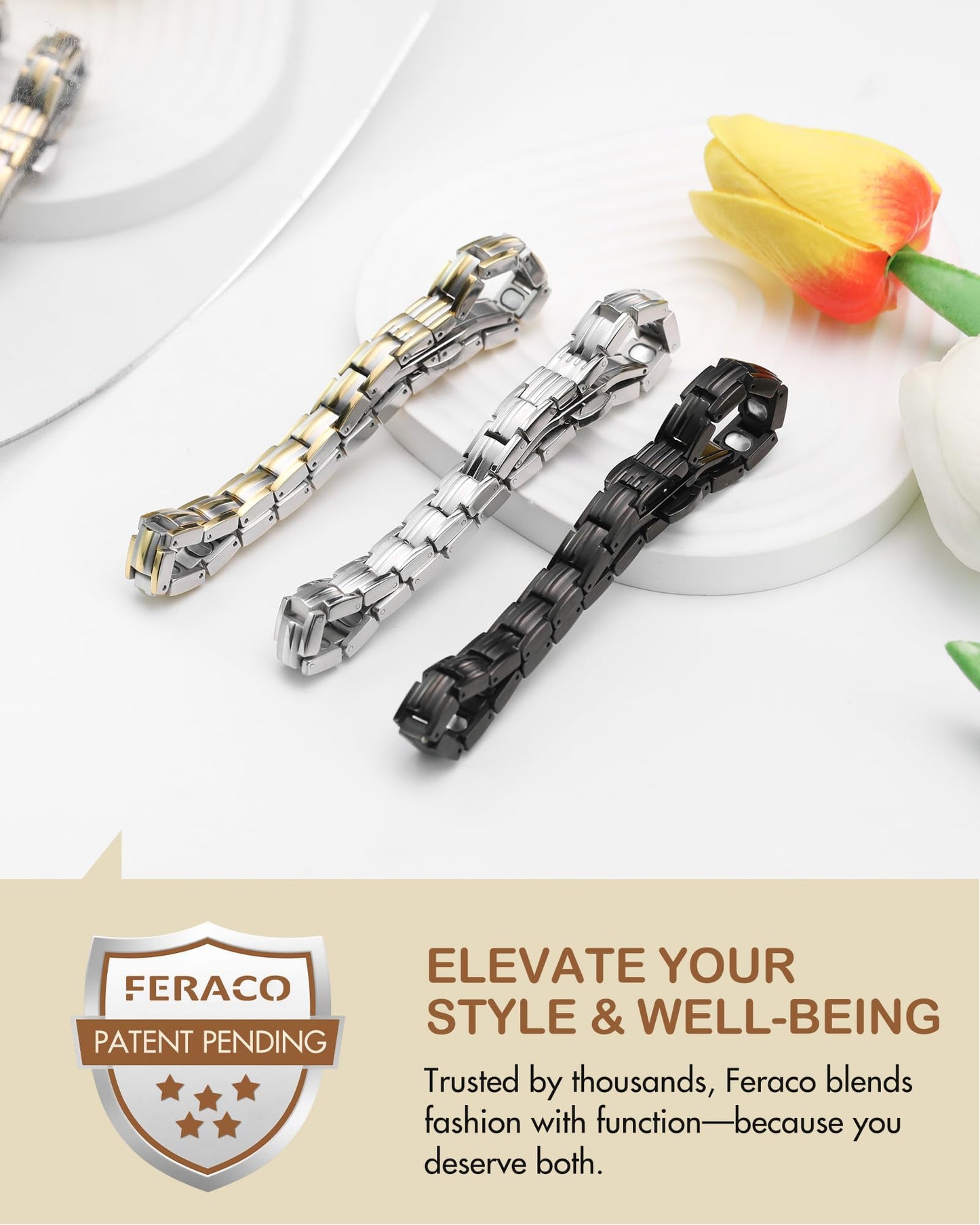 Feraco 5X Strength Magnetic Bracelets for Women, Stainless Steel Magnet Bracelet with Ultra Powerful 5000 Gauss Neodymium Magnets, Upgraded Butterfly Clasp, Adjustable Jewelry Gift