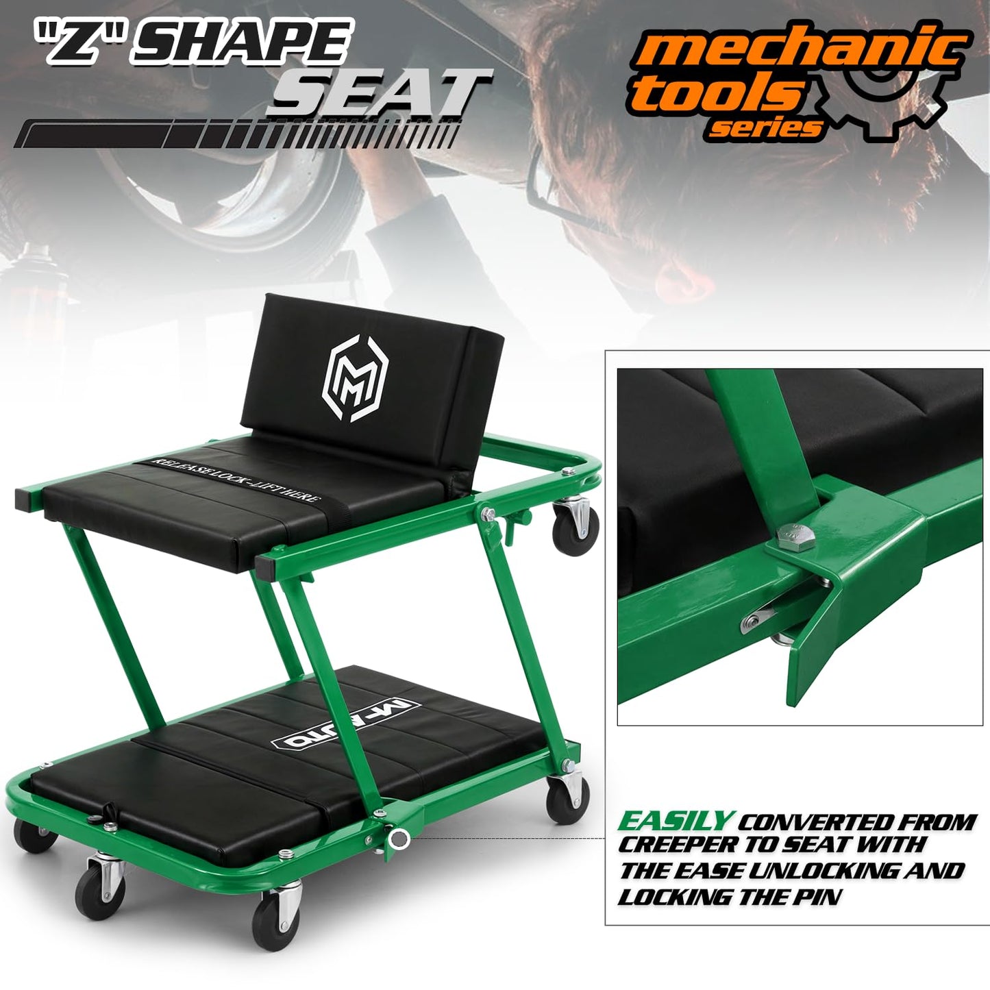 M-AUTO Heavy-Duty Convertible Mechanic Creeper, 48" Padded Adjustable Headrest Roller Garage Chair with 7 Swivel Casters for Washing, Detailing, Maintenance, Green