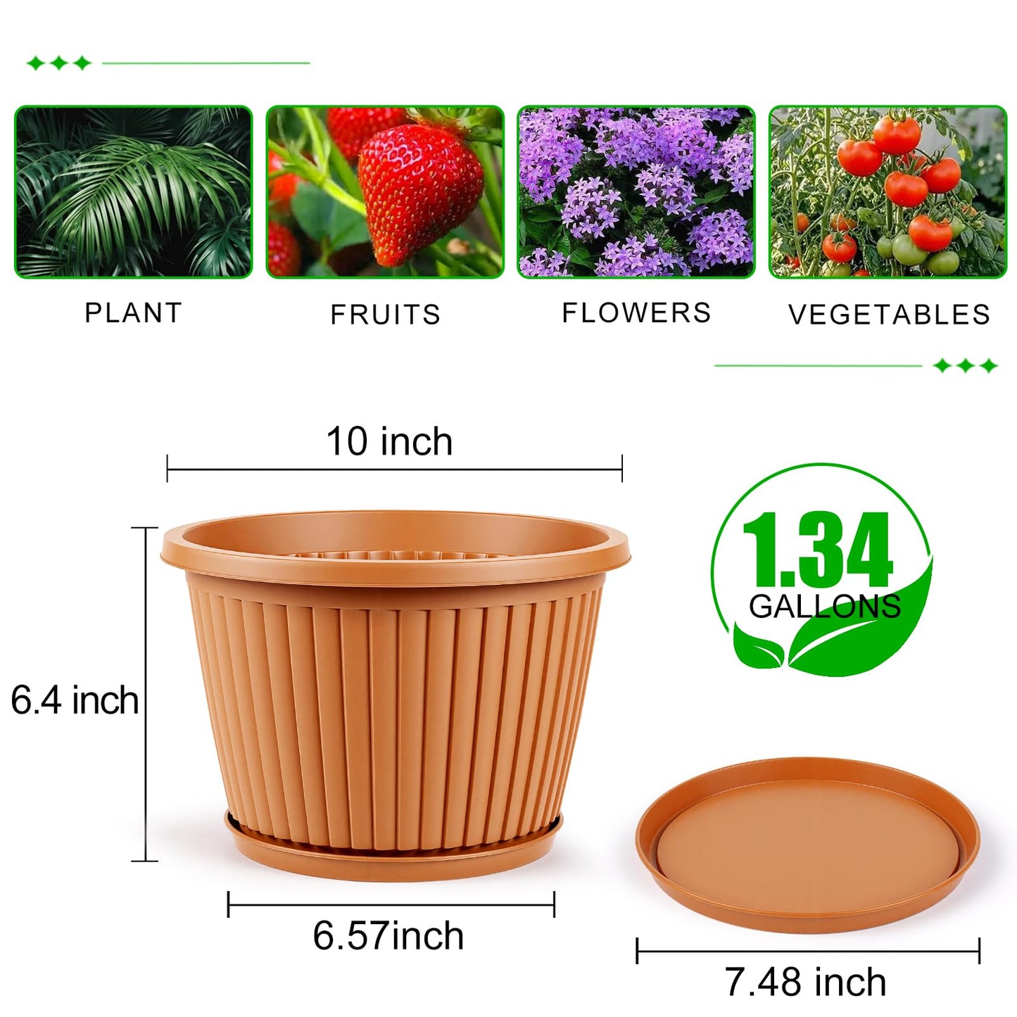 Myfeegoin Planter-Pots-for-Plants-Indoor-Outdoor, 4 Pack 10 Inch Plastic Flower Pots with Saucer & Drainage Holes, Modern Garden Planters for Planting Medium Large Plants，Decorative Resin Garden Pots