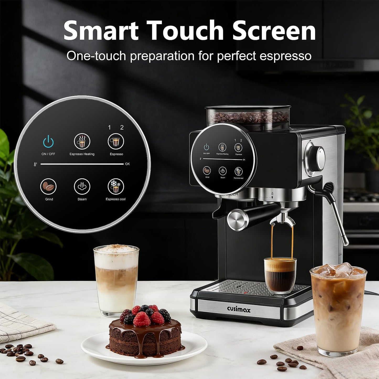 CUSIMAX Espresso Machine with Grinder, 20 Bar Professional Expresso Coffee Machines with Milk Frother Steam Wand, Espresso Maker with 60oz Removable Water Tank, Cappuccino & Latte Machine for Home