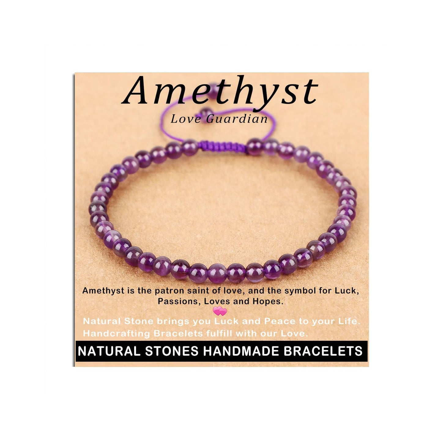 AD Beads 4mm Amethyst Bracelet - Stone of Love Guardian - Handmade Natural Stone Crystal Bracelet with Adjustable Macrame String - Yoga Healing Power Energy Gifts for Men and Women