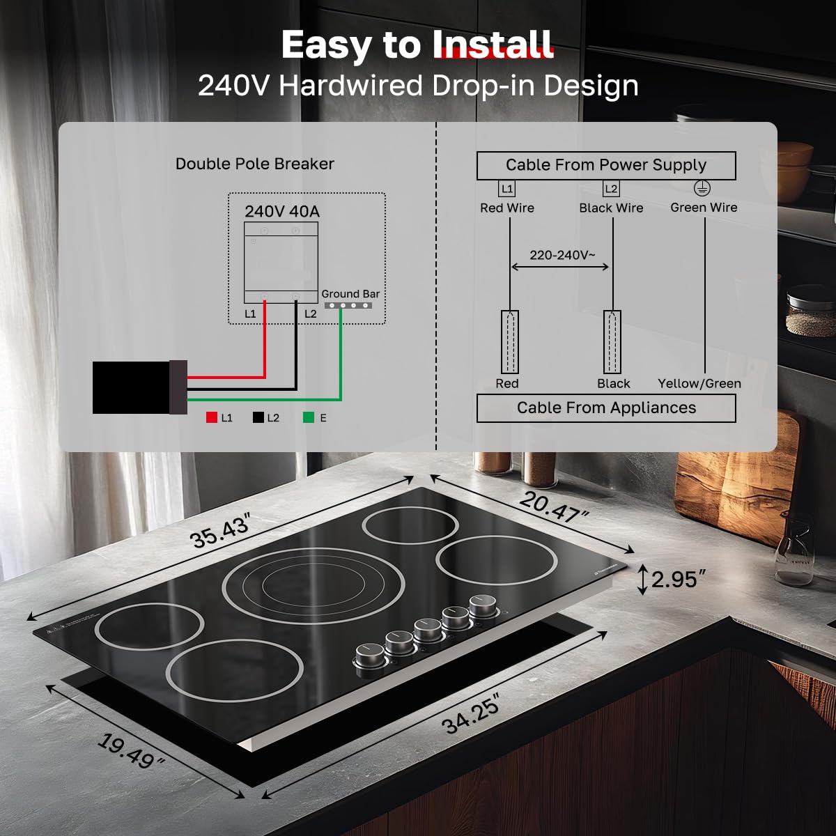 ThermoMate 36 Inch Electric Cooktop, 5 Burners Knob Control Built-in Ceramic Cooktop, 30" Radiant Electric Stove Top of 9000W with 9 Heat Levels, Hot Surface Indicator, 220-240v, Hard Wired