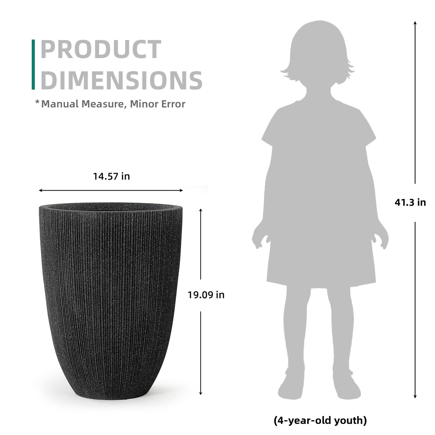 Ultym 2 Pack 19" Tall Black Fluted Concrete-Look Resin Planters, Large Round UV-Resistant Flower Pots for Indoor Outdoor Plants, Decorative Ribbed Planters for Garden Patio Porch Home Office