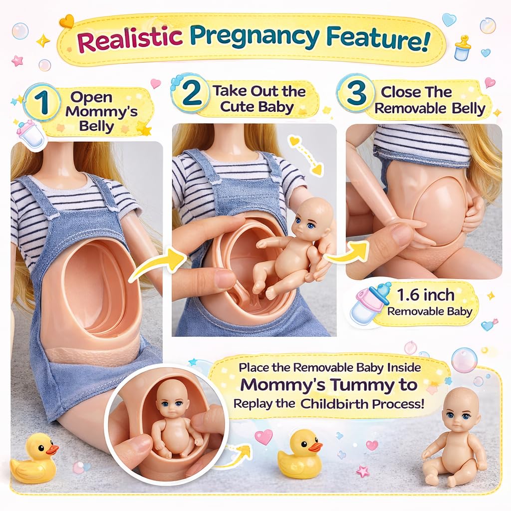Familydolls Pregnant Dolls Set of 6 People with Removable Baby, 12 Inch Realistic Mommy Doll Set for Kids, Educational Pregnancy Doll Toy, Role Play Gift for Girls Ages 3+