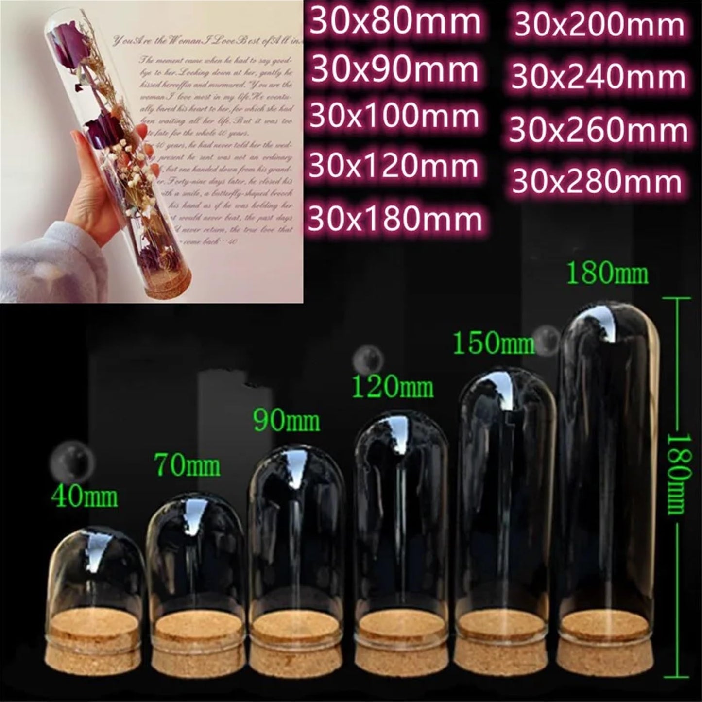 10X Da30mm Glass Bottle Terrarium Jar Cork Base Dome Dust Cover DIY Specimen Succulent Plant Micro Landscape Flower Vase Display(30x180cm)
