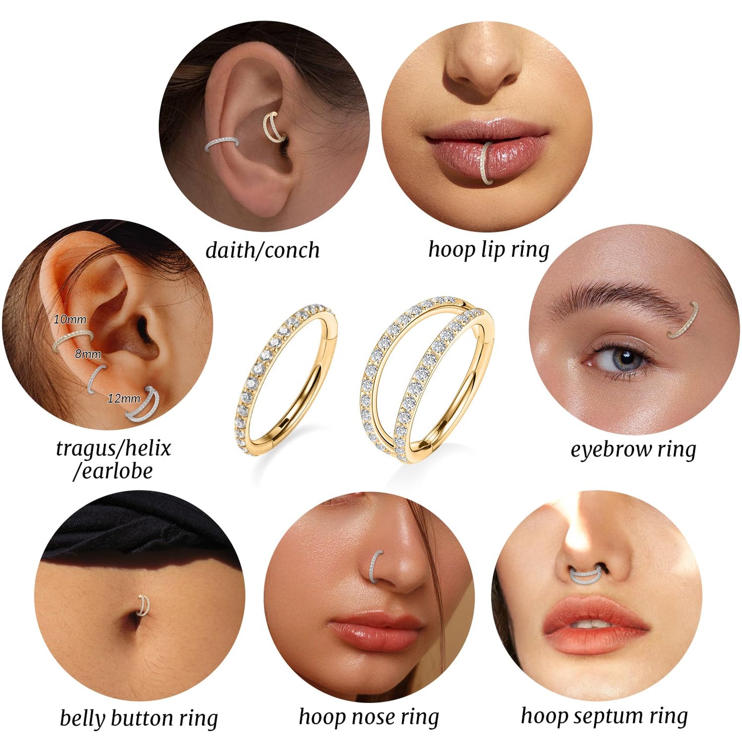 Nose Ring Hoop 18g Septum Ring 8mm Septum Jewelry Double Hoop Septum Clicker Gold Conch Piercing Jewelry Cartilage Earring with CZ Lip Rings Nose Hoop Surgical Steel Helix Earrings Nose Jewelry