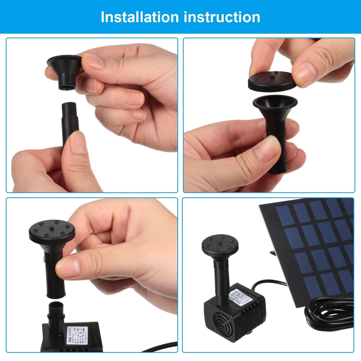 Mudder Solar Powered Garden Pond Fish Tank Water Pump 1. 8w with 4 Nozzle & 3. 2 ft Silicone Tubing - Black, Plastic, Above Ground Solar Powered Water Pump for Bird Bath Ponds, Fish Tanks, Gardens