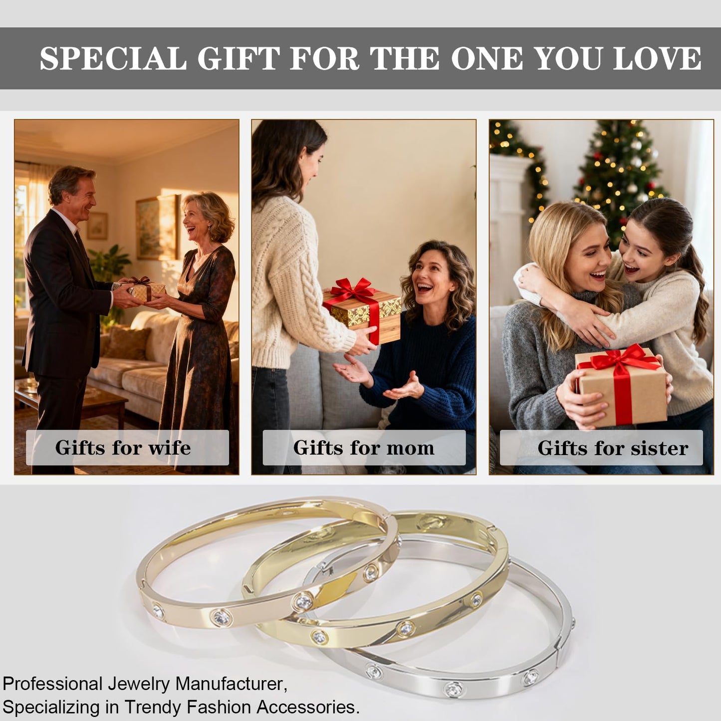 3PCS Gold/Silver/Rose Gold Love Bangle Bracelet Set for Women, Palace Multi-style Light Luxury, Zinc Alloy with Cubic Zirconia, Stackable, Ideal Gift for Birthday Christmas Valentine's Day Mother's Day