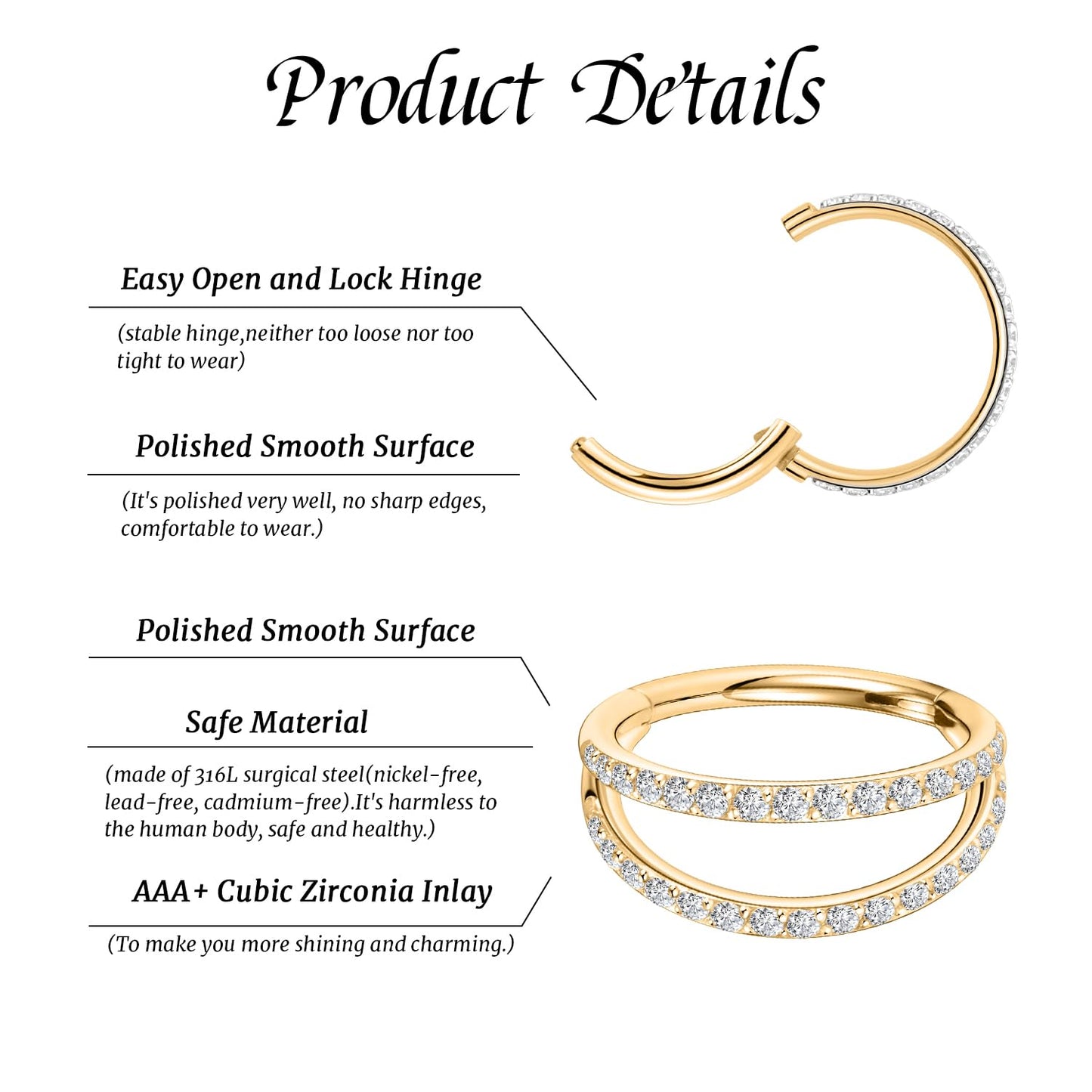 Nose Ring Hoop 18g Septum Ring 8mm Septum Jewelry Double Hoop Septum Clicker Gold Conch Piercing Jewelry Cartilage Earring with CZ Lip Rings Nose Hoop Surgical Steel Helix Earrings Nose Jewelry