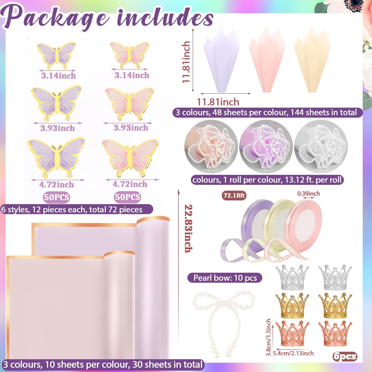 Trandraft 368 Pcs Wedding Birthday Anniversary Flower Bouquet Wrapping Paper Kit Flower Bouquet Accessories Flowers Supplies, 3D Butterfly Pin Ribbon Bow for Florist DIY Craft(Fresh,Lovely Color)