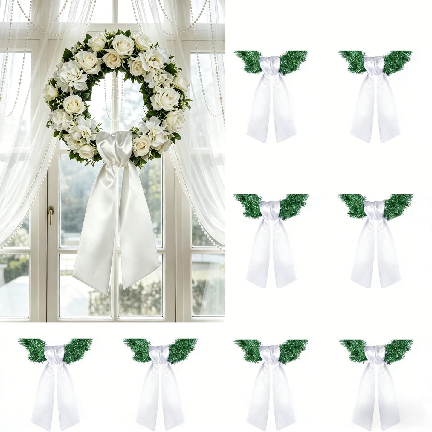 Dream Loom White Wreath Sash Front Door Decoration, 8pcs Sash Wreath Accessories for Easter Weddings Farmhouses Christmas DIY Halloween Party Yard Wall Doorway Decor