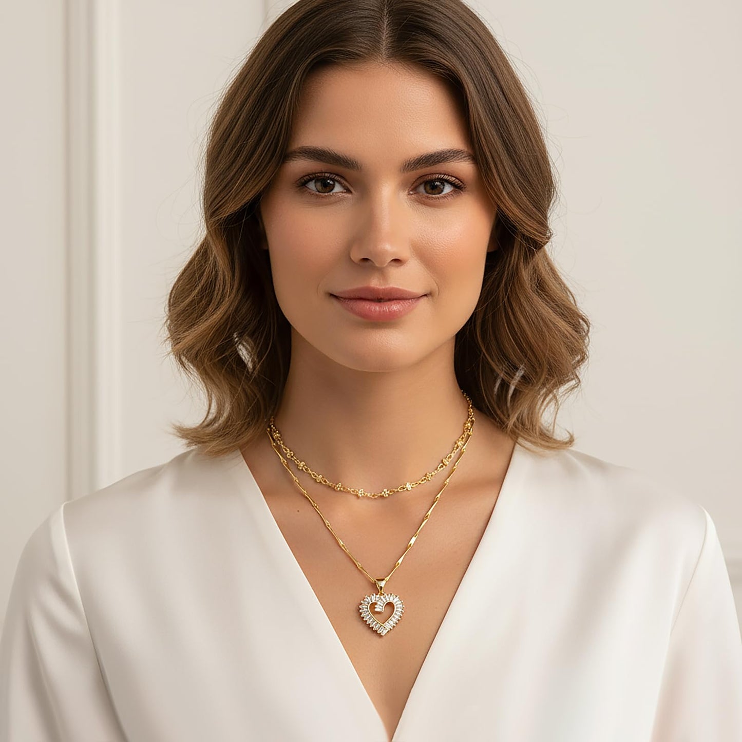 MEIITRUE Heart Necklaces for Women Trendy 14k Gold Plated Dainty Layered Necklace Set Cubic Zirconia Pendant Choker Beaded Chain Stackable Jewelry Gifts for Her