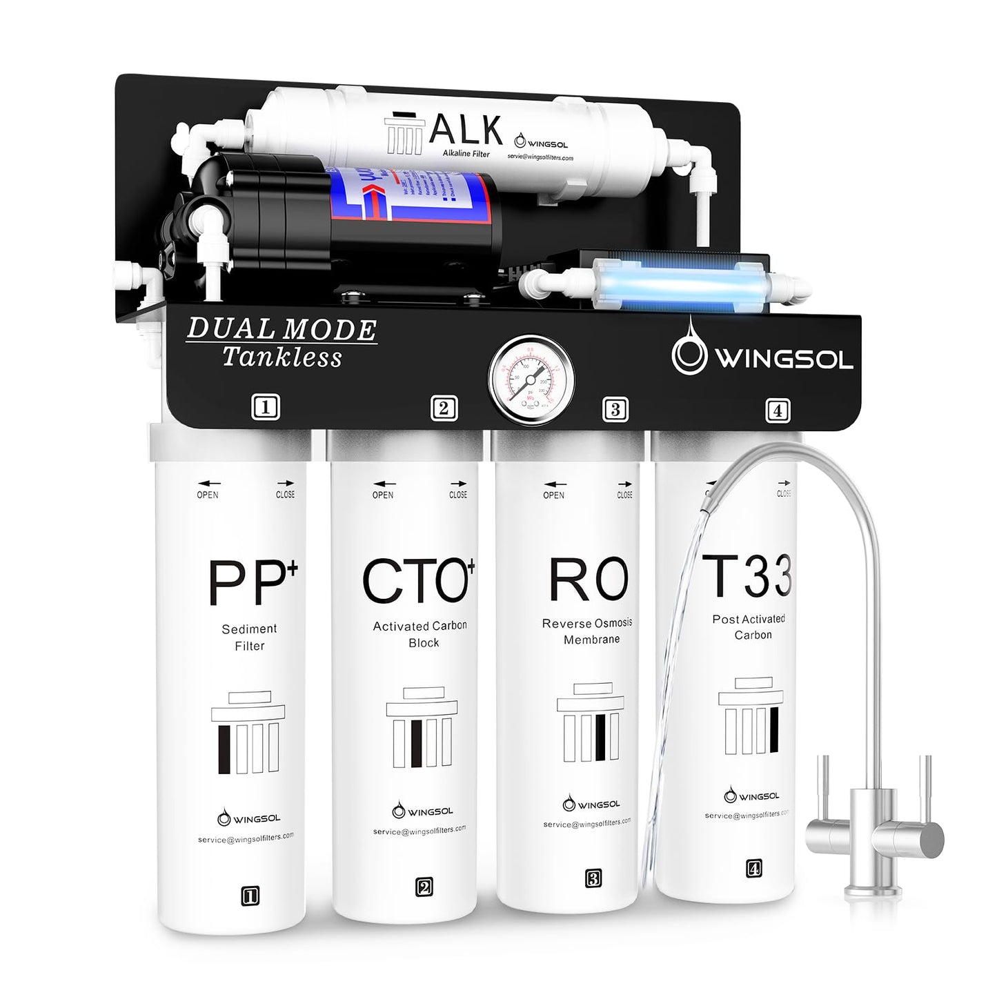 WINGSOL Dual Mode Reverse Osmosis Water Filter, Mineral Alkaline UV 0 TDS Tankless RO System, Remineralize pH+ 12-Layer Filtration Under Sink, NSF/ANSI 42&53&58 Certified, Plug-in Required
