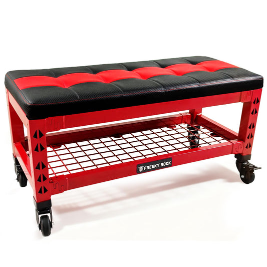 FREEKYROCK Heavy Duty Garage Bench Stool with Removable Creeper Pad, 2 Storage Shelves & 4 Wheels, 500LB Capacity Mobile Work Seat for Workshop, Car Repair, Red