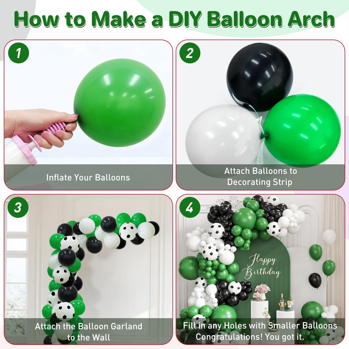 ZHIYAPA Black Green White Balloon Garland Arch Kit, 167Pcs Latex Balloons Different Sizes for Soccer Ball Theme Birthday Futbol Baby Shower Football Graduation Wedding Party Decorations