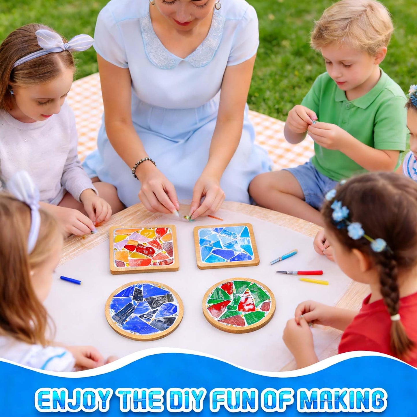 GHAHILI 4 Sets DIY Mosaic Kits for Adults - Graduation Birthday Gifts Glass Mosaic Tiles for Crafts with Wooden Coasters for Women Mosaic Art Kit Craft Coaster Handmade Making Kit Set for Home Decor