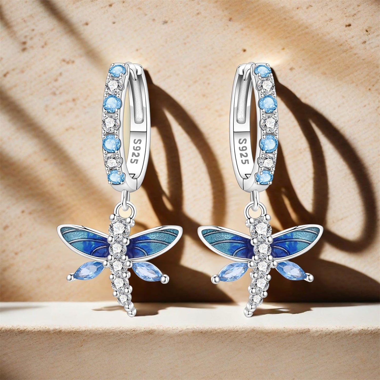 vireau 925 Sterling Silver Drop Earrings Dragonfly Flower Moon Star Dangle Earrings Hypoallergenic Sterling Silver Earrings Jewelry for Women (Blue Dragonfly)