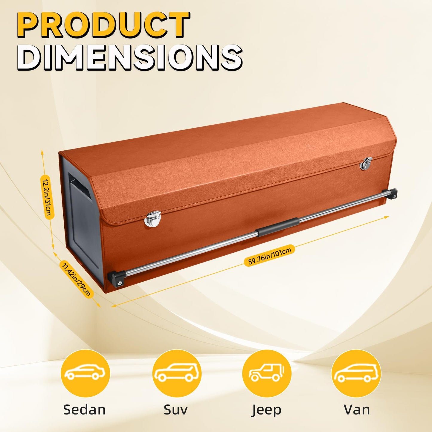 XCF Car Trunk Organizer, Collapsible Sturdy Trunk Storage Container with Lid and Handle Large Leather Car Trunk Storage (Orange, 39.7 x 11.4 x 12.2in)