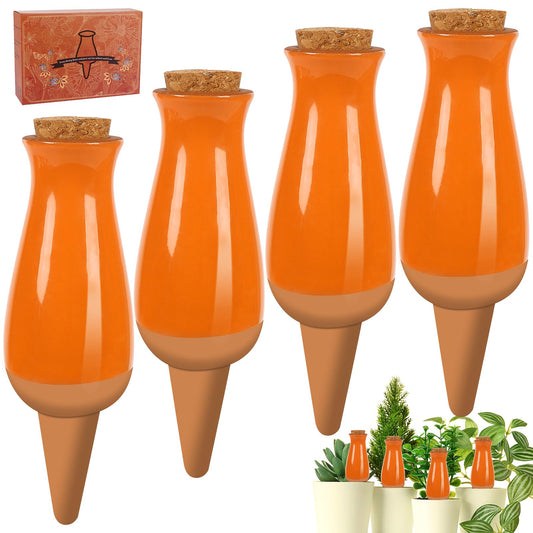 4 Packs Ollas Plant Watering Globes, 12 Oz Terracotta Self Watering Planter Insert, Automatic Watering Devices, Clay Drip Irrigation Stake for Indoor & Outdoor Plants, 1 Week Easy to Refill(Orange)