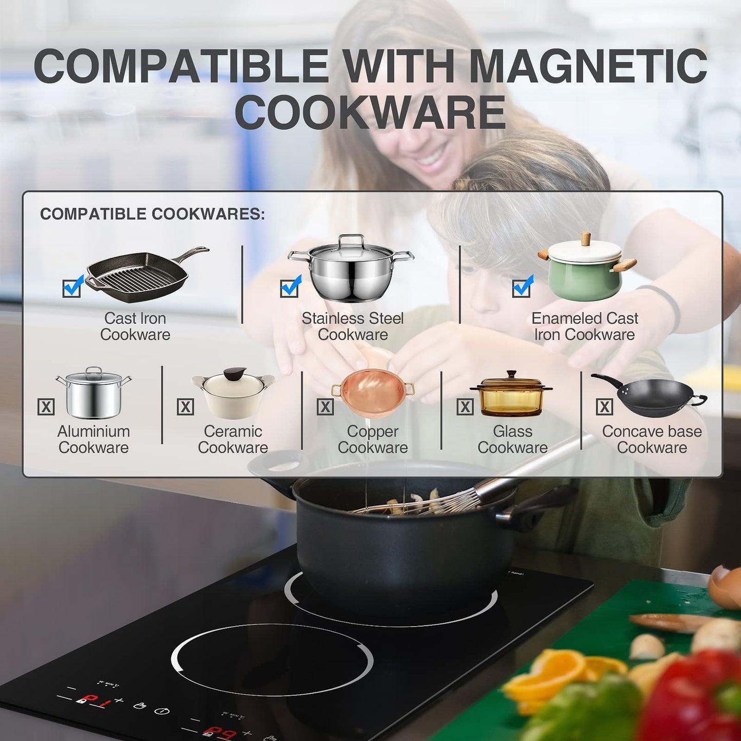 GTKZW 12“ Induction Cooktop, Double Induction Cooktop 2 Burner 110v-120v Electric Stove Top, Countertop and Built-in, 9 Power Levels, Child Lock, 120 Mins Timer