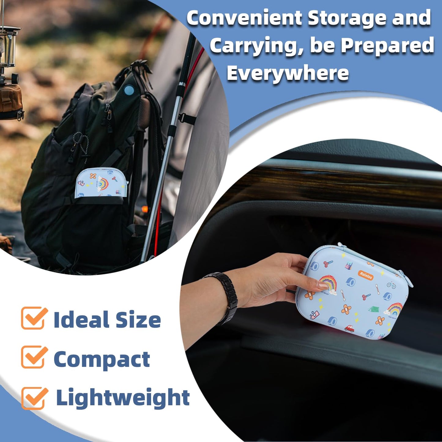 RAINLOS Small-First-Aid-Kit-for-Home-Car-Travel-Camping-Hiking-Kids, Mini Cute Portable Medical Emergency Kits Fits into a Purse, Diaper Bag & Backpack, Travel Must Have