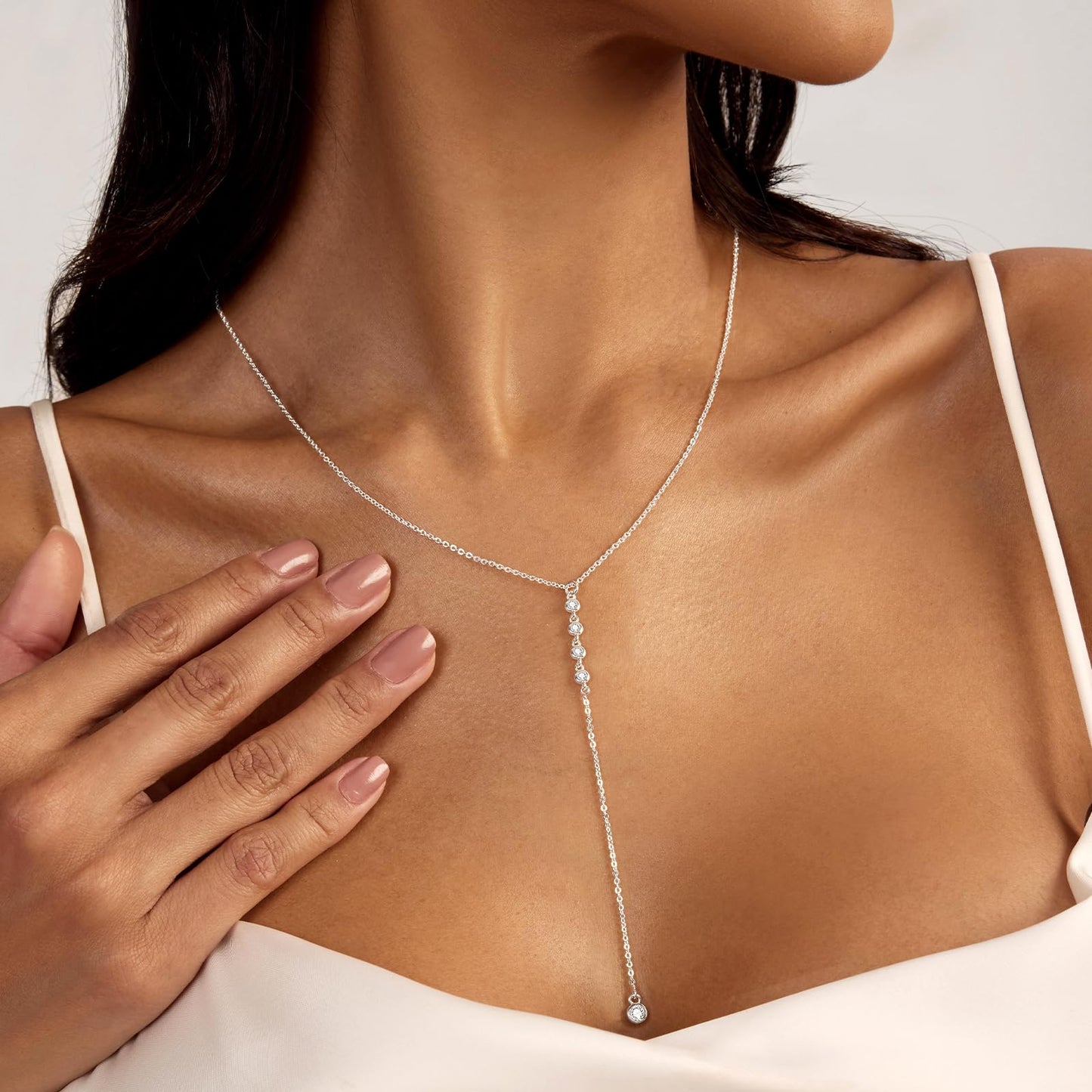 Luxval Long Silver Necklace for Women Trendy Dainty Silver Plated Drop Lariat Necklace Simple CZ Y-Shaped Body Chain Wedding Prom Statement Necklace Jewelry Gifts