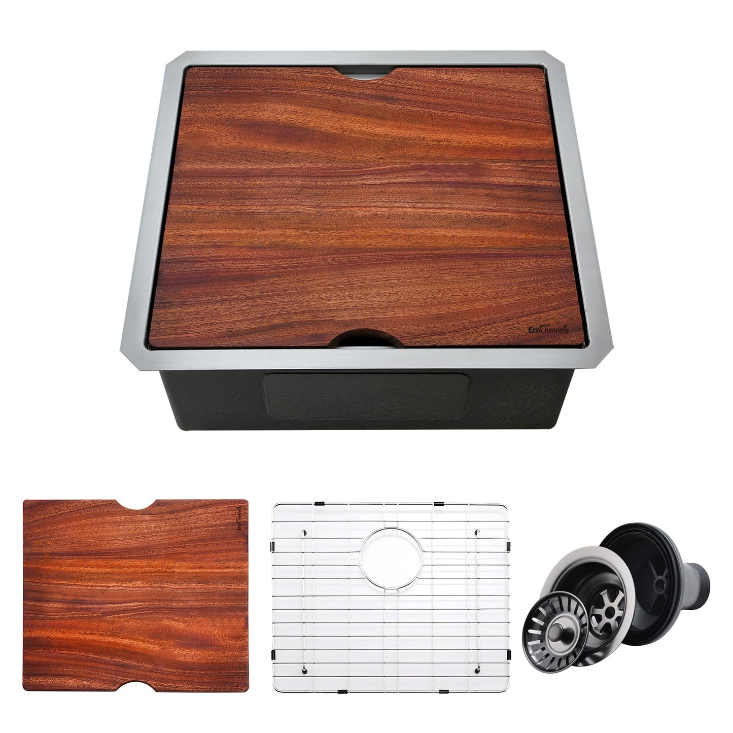 EcoChannels Undermount Kitchen Sink, 21 x 19 Inch Sink Kitchen 16 Gauge Stainless Steel Kitchen Sinks Single Bowl Workstation Sink with Cutting Board