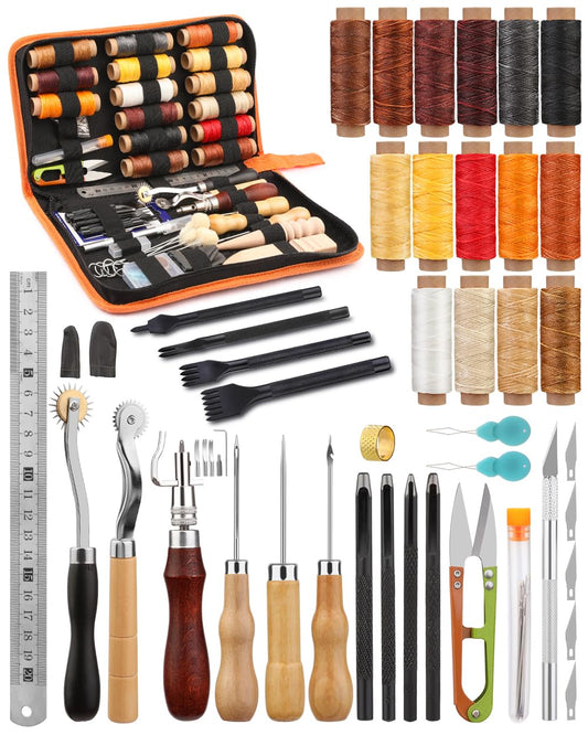 BUTUZE Leather Working Tools, Practical Leather Craft Kit with Waxed Thread Groover Awl Stitching Punch Hole for Leathercraft Beginner or Adults Gifts - Comes with Tool Manual